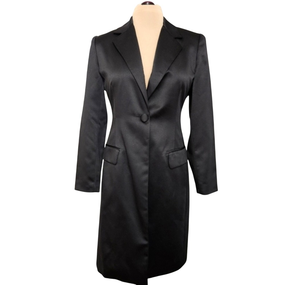 NEW Trio New York Longline Black Satin Button Front Lined Dressy Jacket 10